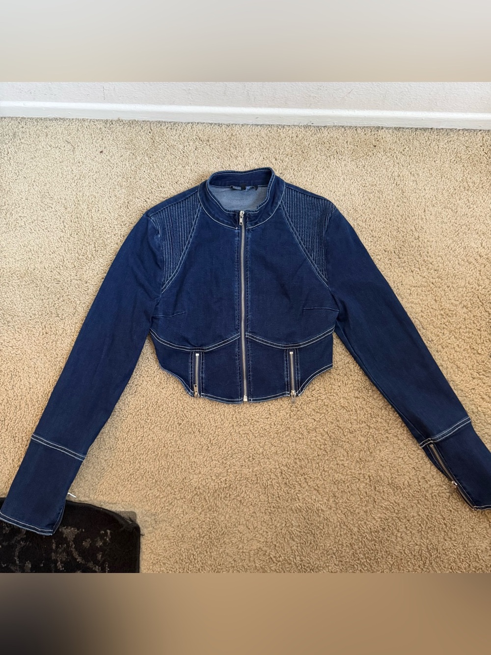 BY DYLN Cropped Dark Blue Denim Jacket with Front Zip